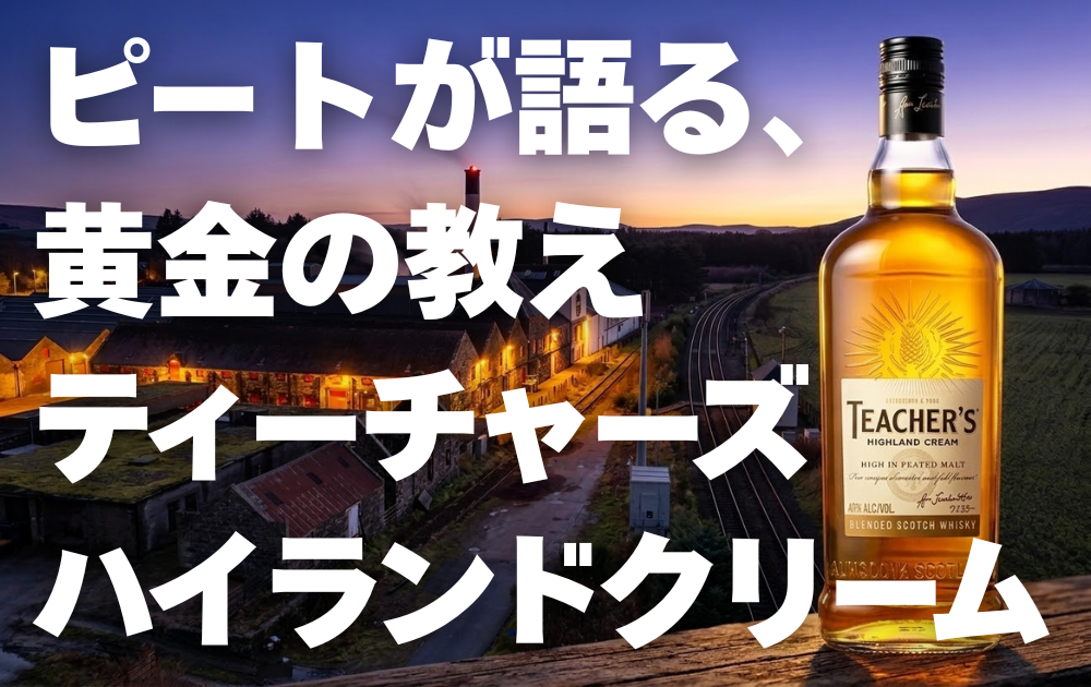 夕闇に佇むr−ドモア蒸留所の背景　右いっぱいにティーチャーズのボトル