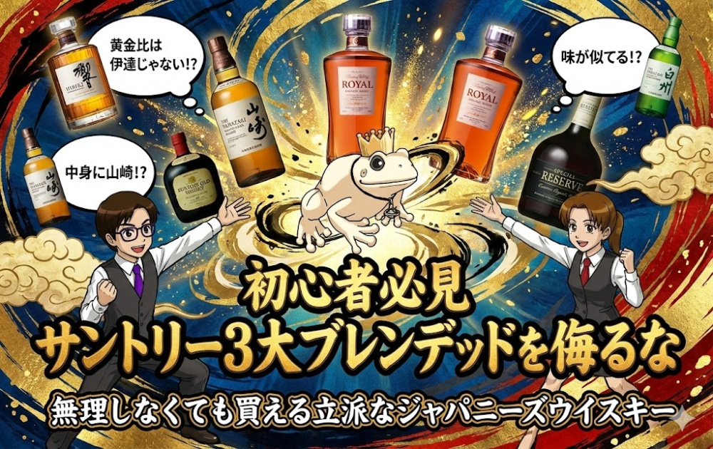 サントリーの主要なウイスキー「山崎、白州、響、オールド、リザーブ、ローヤル」とカエルや男女が楽しそうにしている画像