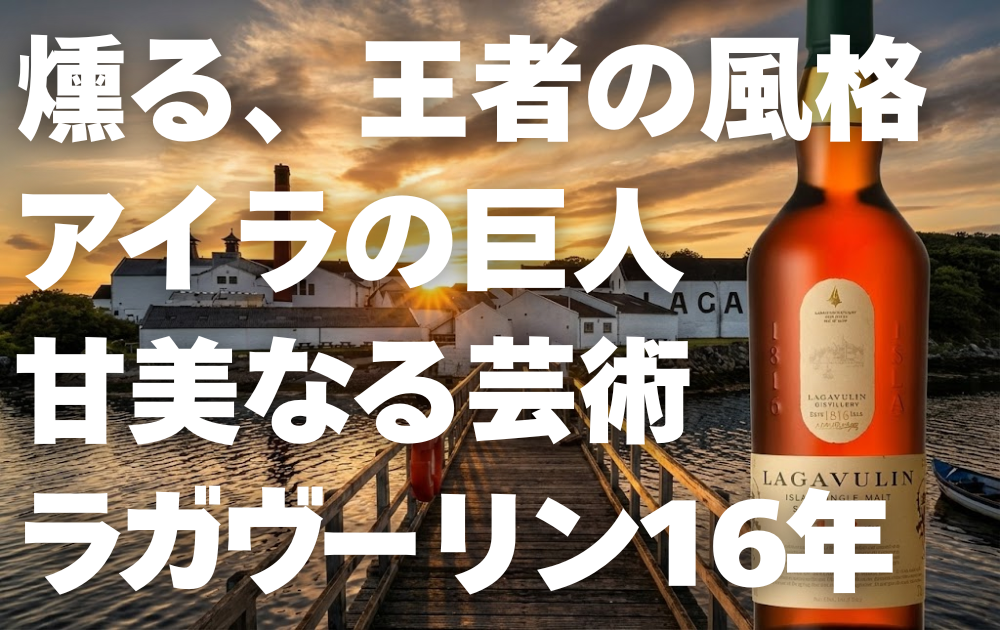 夕日に照らされるラガヴーリン蒸留所と桟橋の風景　右側にラガヴーリン16年のボトル