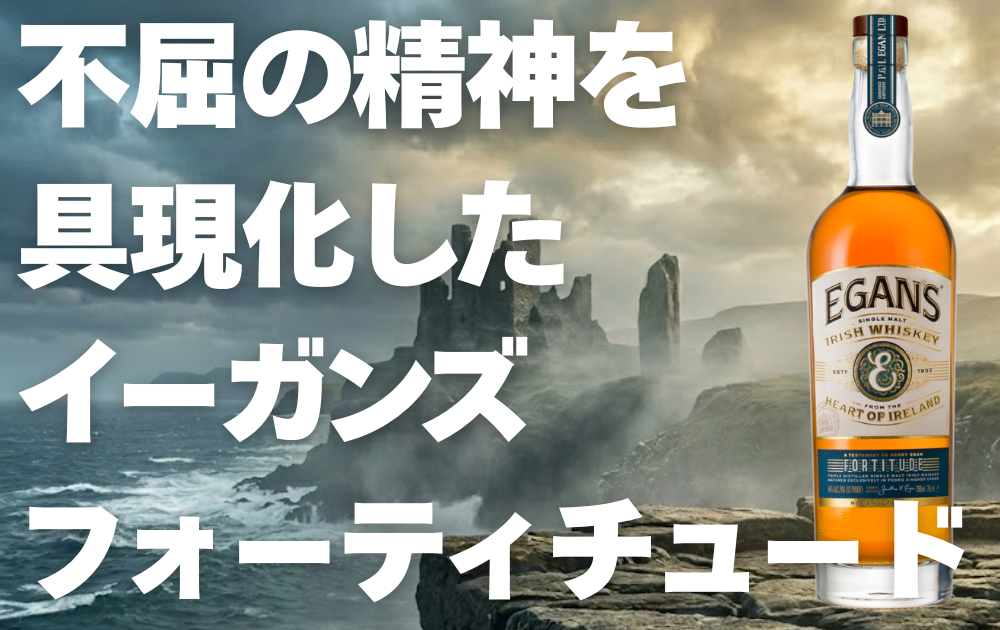 アイルランドの岩礁の背景　イーガンズフォーティチュードのボトルが置かれている