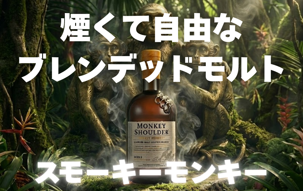 ジャングルの中、三匹の猿の銅像の前に置かれているモンキーショルダースモーキーモンキーのボトル