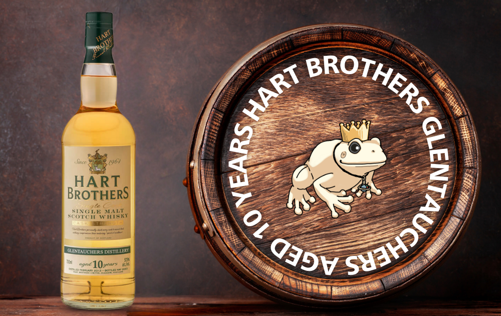 ハートブラザーズ グレントファース10年のボトル画像とウイスキー樽が置いてある画像