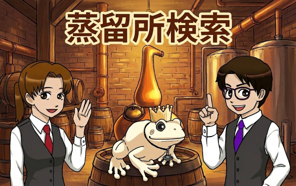 ウイスキー樽や蒸留器が置かれたレンガの温かみのある部屋　「蒸留所検索」とテキスト表記