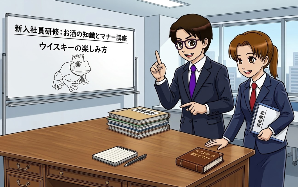 オフィス内に2人の男女のイラスト ホワイトボードに「お酒の知識とマナー講座」と書かれている